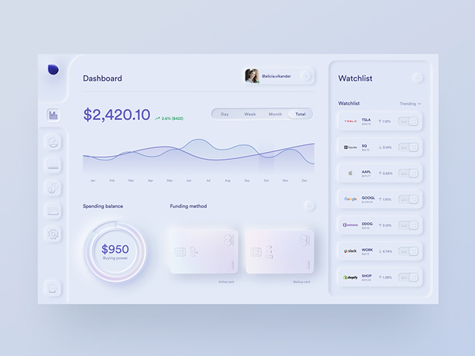 Skeuomorph investing app dashboard by Jordan Hughes
